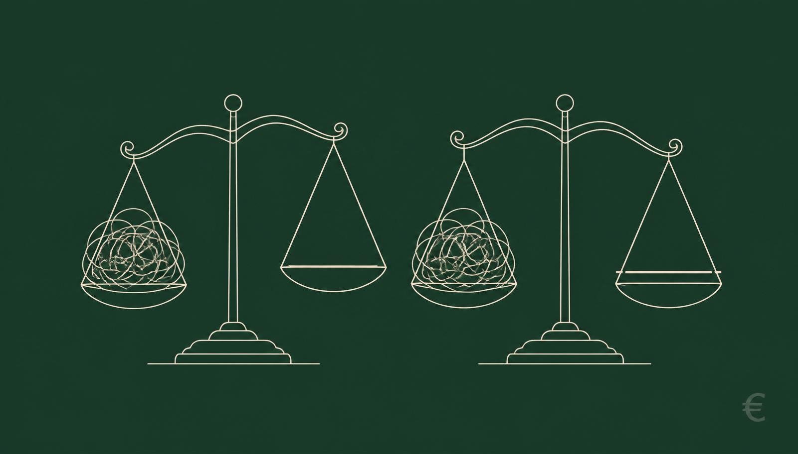 Editorial illustration of two balance scales comparing a tangled DIY relocation against a coordinated concierge route.