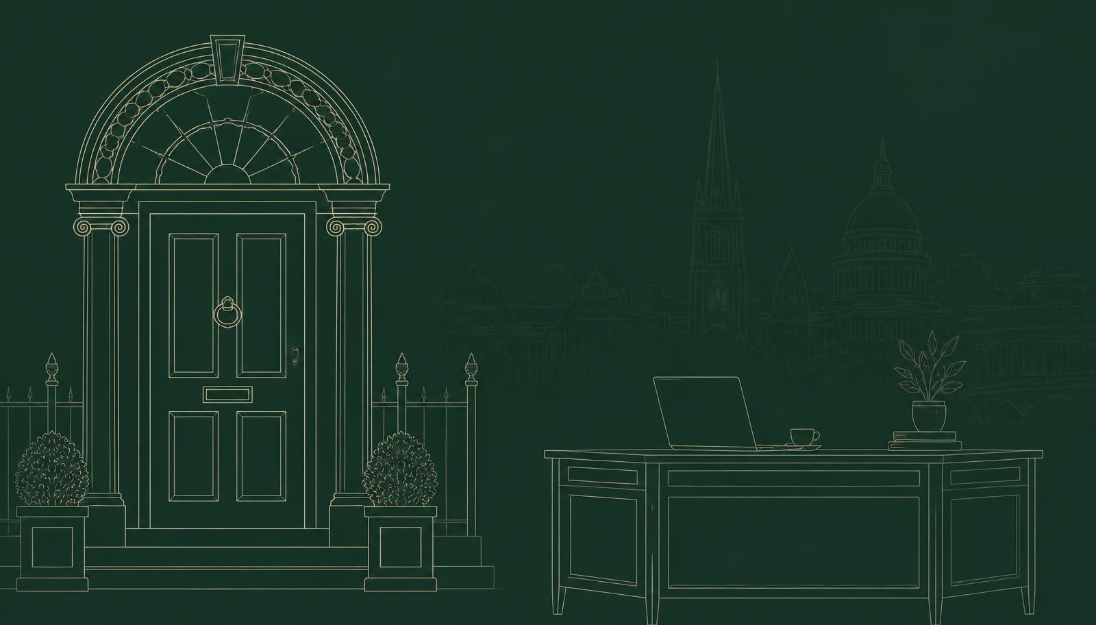 Editorial illustration of a Georgian Dublin doorway alongside a founder's desk, representing a US-to-Ireland founder move.