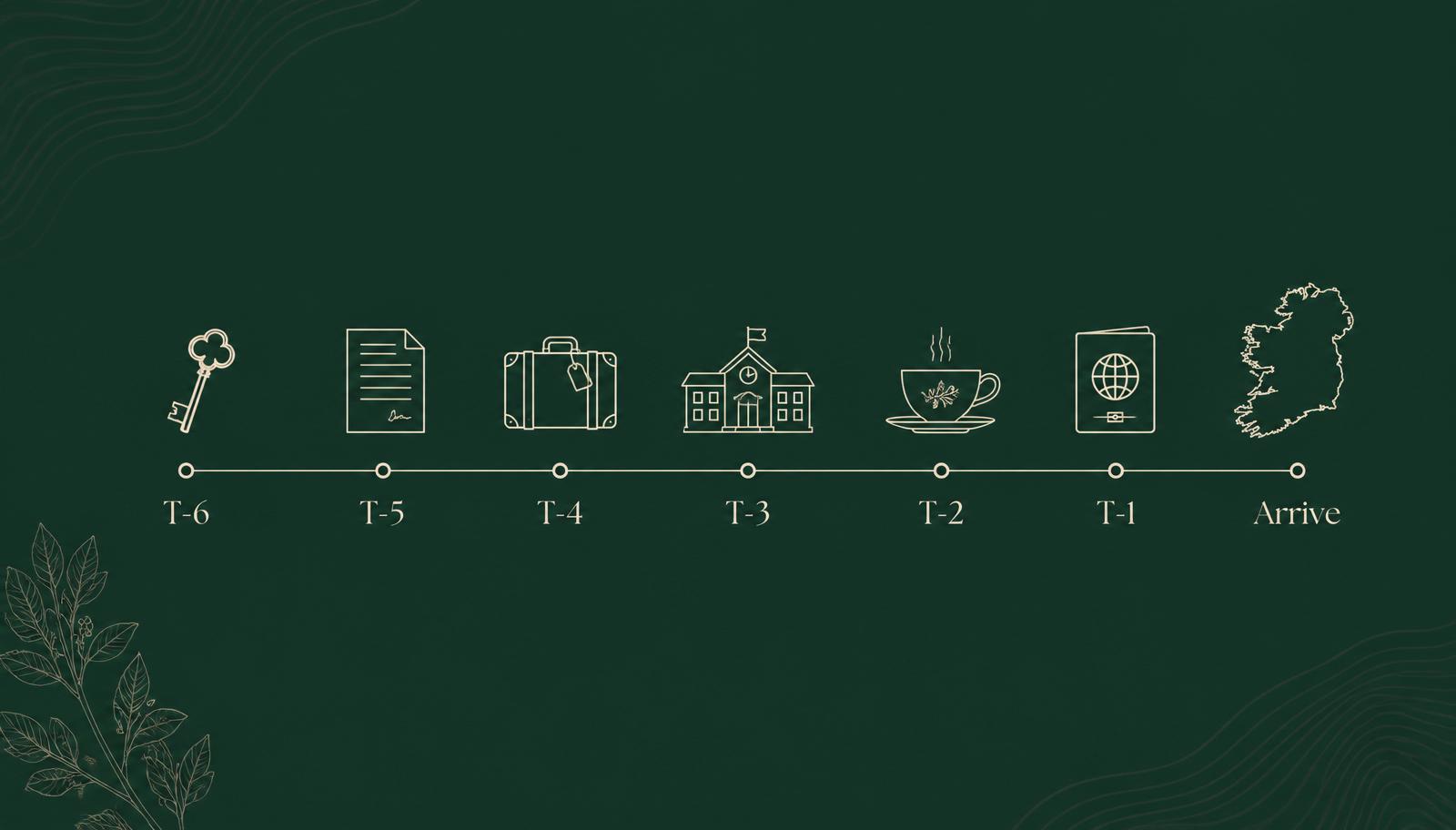 Editorial timeline illustration marking the six months before an Ireland relocation.