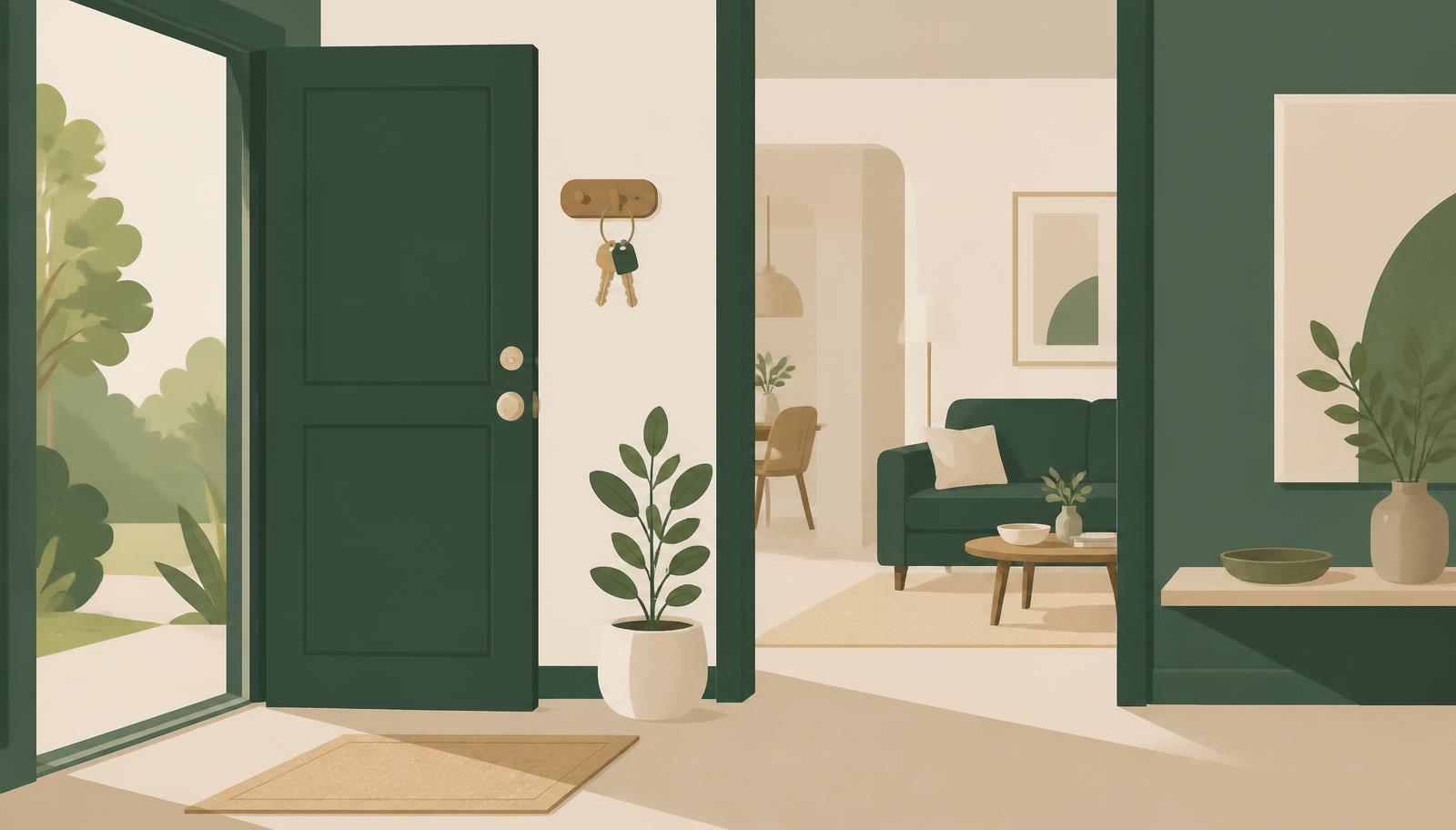 Illustration of an open front door with keys, a doormat and a settled interior