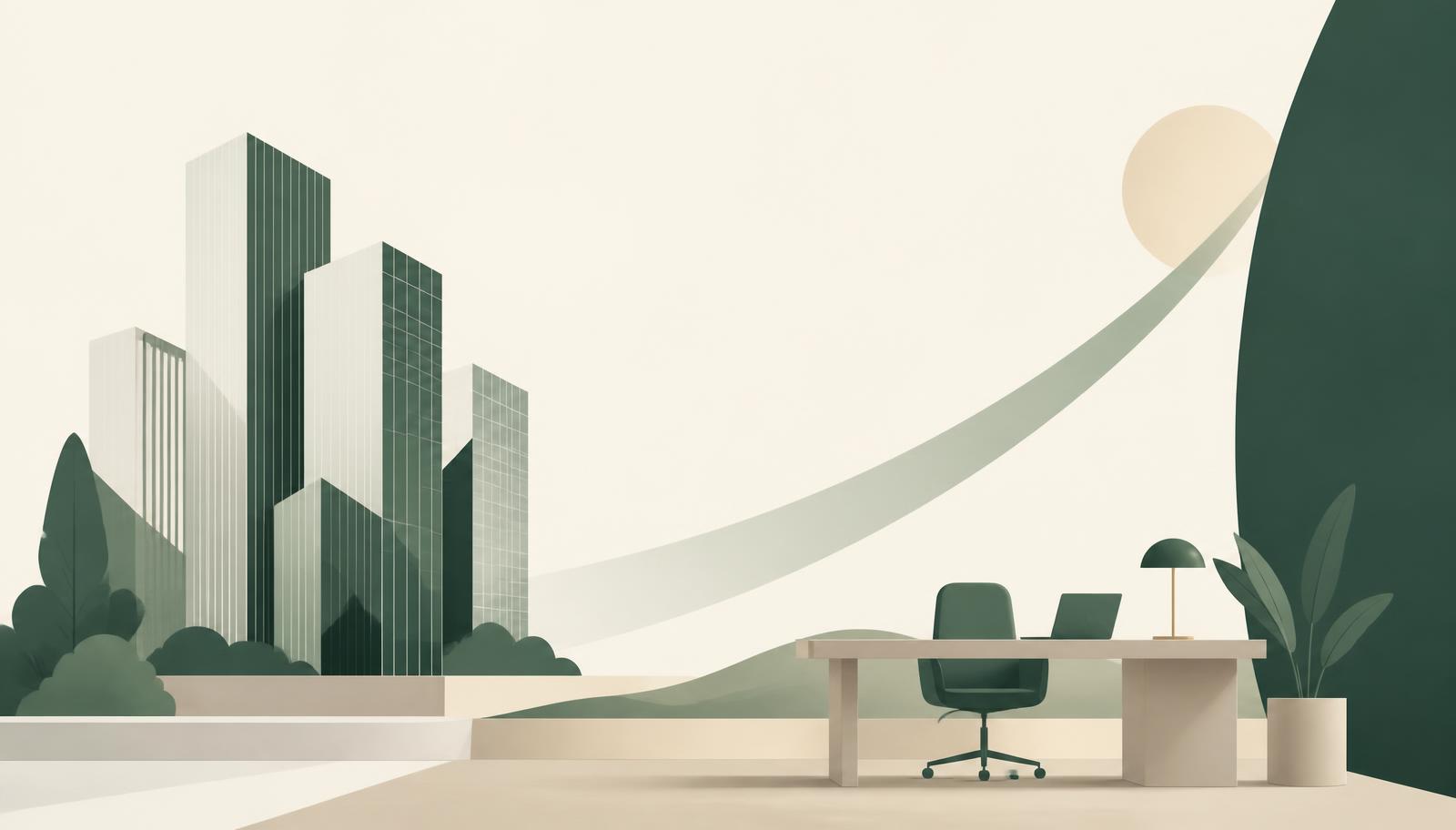 Illustration of office buildings, a desk and an upward curve