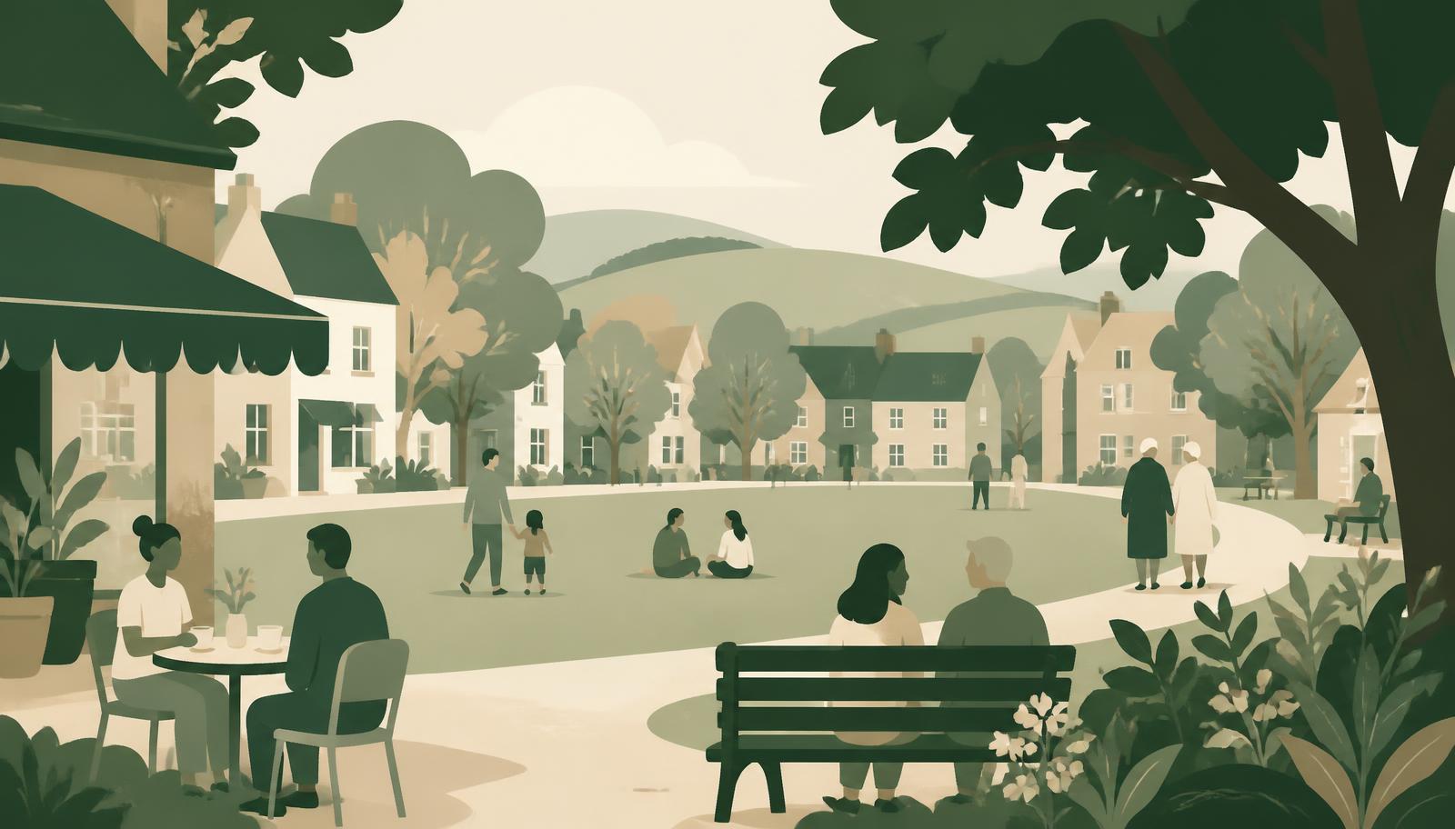 Illustration of a village green with a café, benches and neighbours