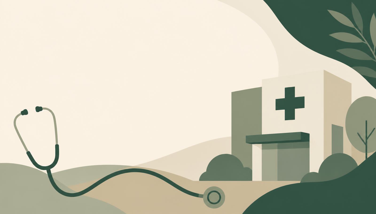 Illustration of a clinic building and a stethoscope in calm green tones