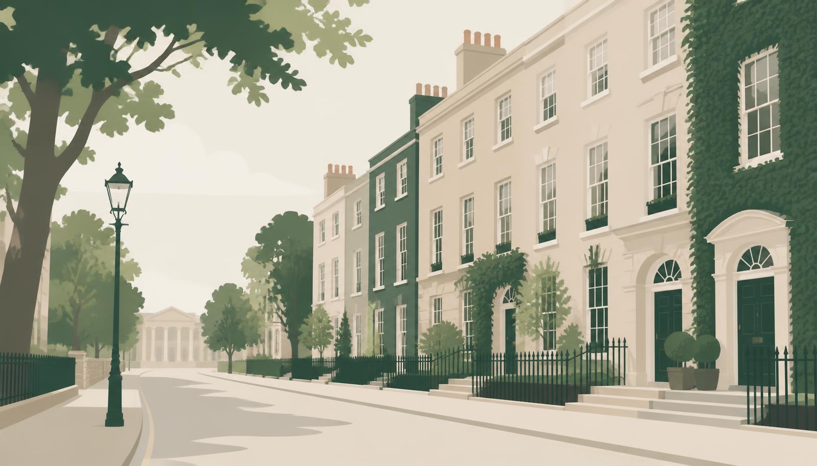 Illustration of a quiet Georgian Dublin street with townhouses and trees