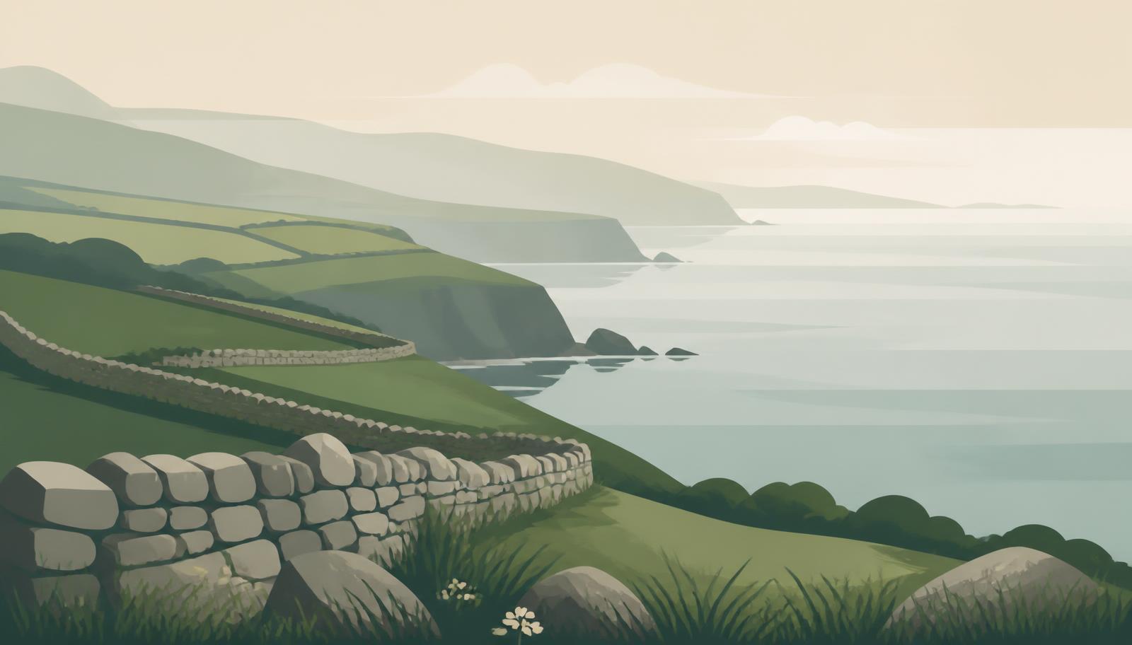 Illustration of the Irish coast with green fields, stone walls and calm sea