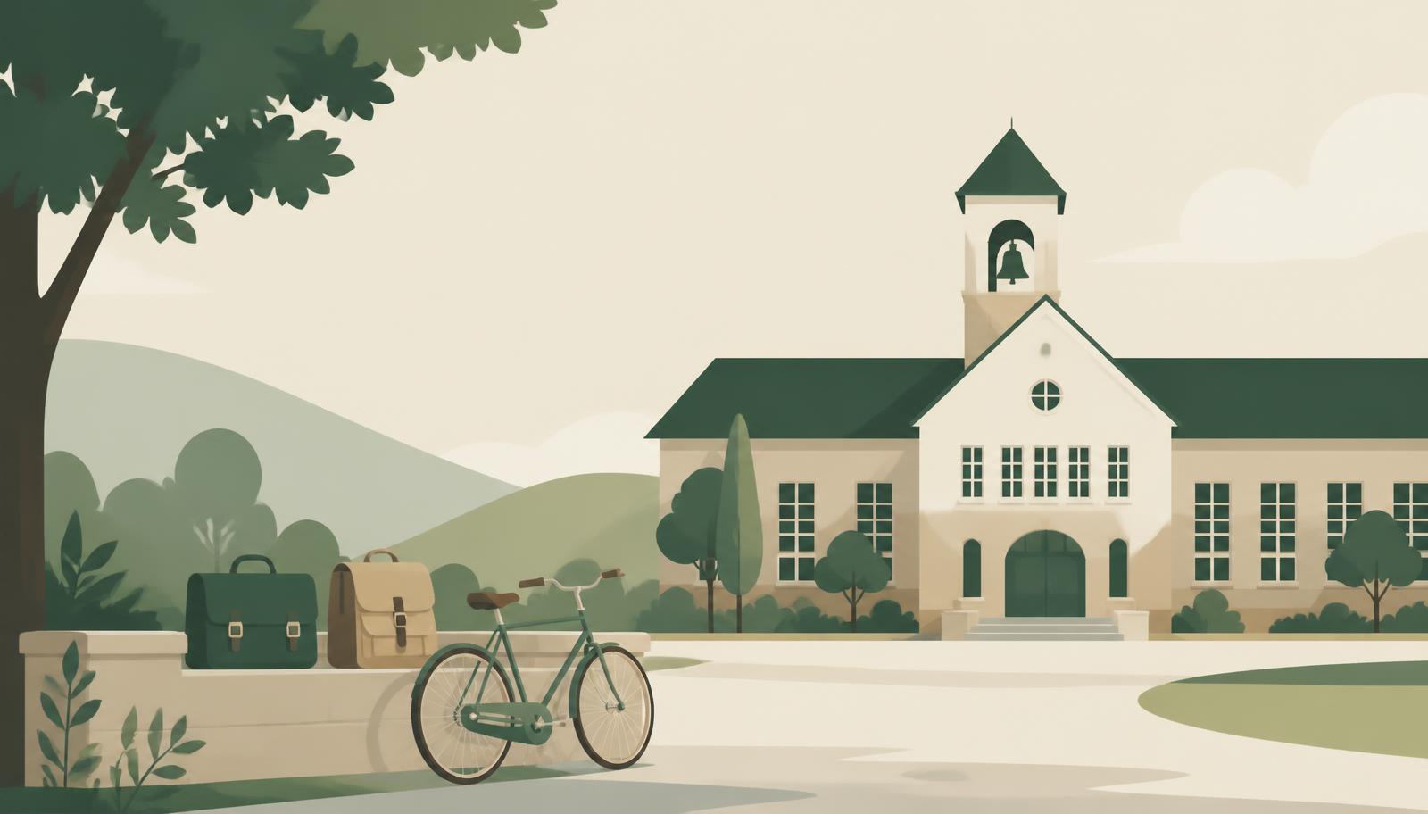 Illustration of an Irish school building with satchels and a bicycle outside