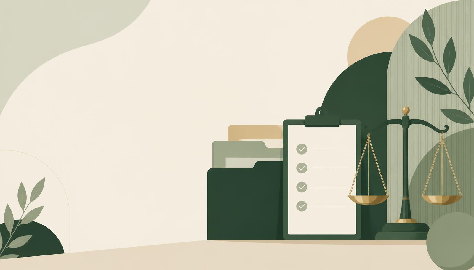 Illustration of document folders, a checklist and balanced scales