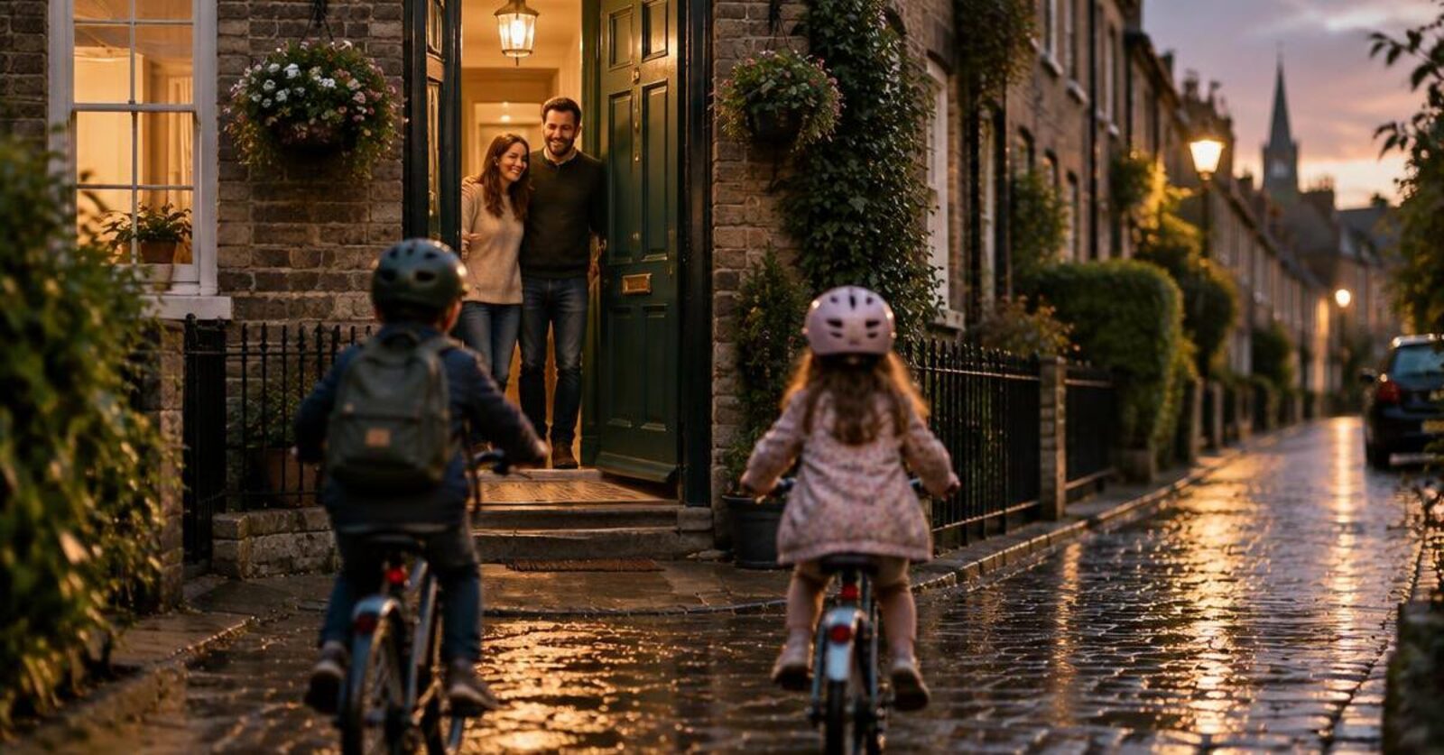 Parents watching from their front door as their children cycle back down the lane