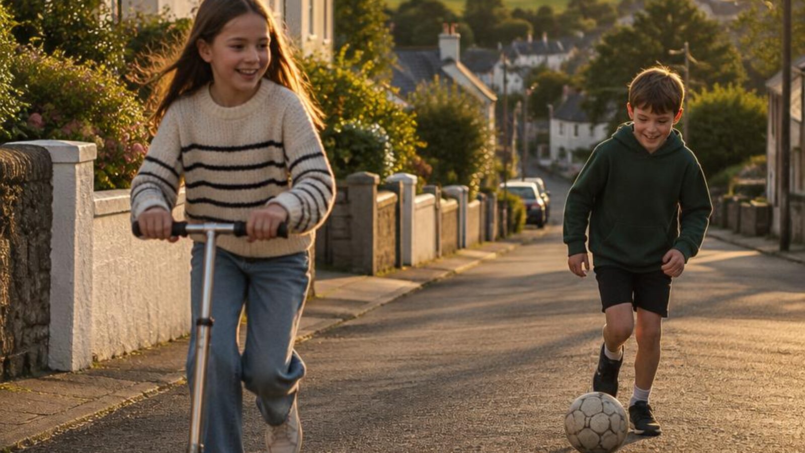 Children playing outside on a calm residential street in Ireland